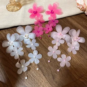 Three pairs of elegant chiffon flower tassel earrings in pink, blue and rose gold