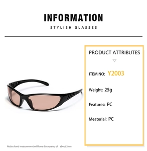 Close-up of Y2K style sunglasses showing specifications like PC material and 25g weight