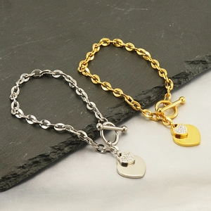 Vintage Double Heart Pendant Bracelet Stainless Steel 18K Gold Plated Zircon OT Buckle Link Chain Jewelry For Women