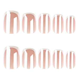 Glossy nude pink press-on nails with classic white French tips in a 10-piece full set layout