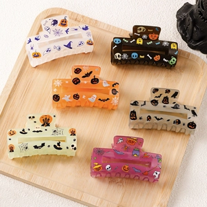 Halloween Hair Claw Clip Acrylic Square Pumpkin Ghost Bat Pattern Festive Party Headwear Accessory For Women Girls
