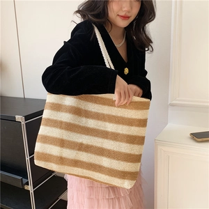 Striped woven straw tote bag for women with large capacity and rope handles