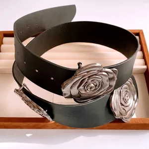 Ceinture Large Pour Femmes En Cuir Artificiel Avec Boucle En Forme De Rose En Métal Rétro Accessoire De Mode