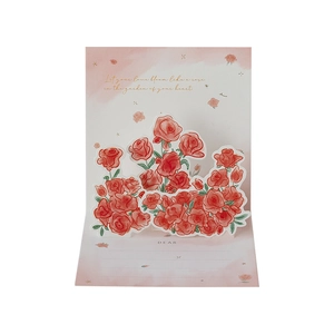 3D pop-up greeting card featuring red watercolor roses on a pink floral background