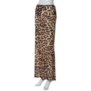 Detailed view of the leopard print mesh fabric texture on this slim fit long skirt