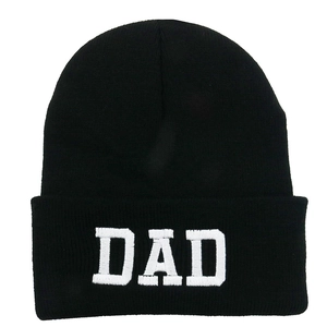Black knit beanie with white DAD embroidery, warm winter headwear for men and fathers
