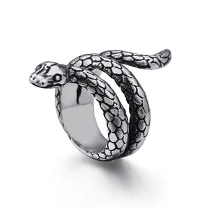 Retro stainless steel cobra snake ring for men with detailed punk style scales
