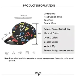 Black cotton baseball cap with colorful hand-painted heart patterns and 56-60cm adjustable fit