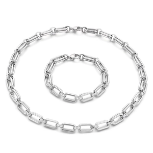 Minimalist stainless steel oval link chain set featuring a necklace and bracelet on white