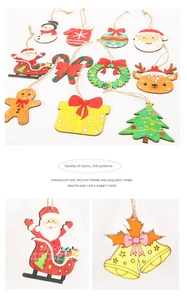 Detail showing 11 colorful wooden Christmas ornaments with festive hand-painted designs