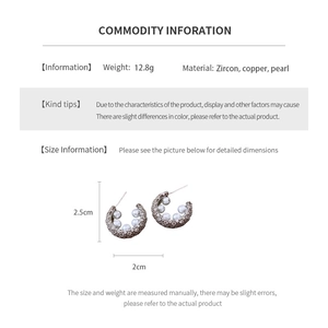 Detailed dimensions and specs of C-shaped earrings with pearls and zircons