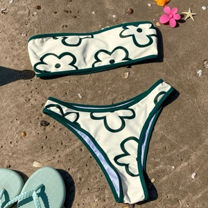 Sexy Floral Print Bandeau Bikini Top And High Cut Bottom Swimwear Padded Elastic Beachwear For Women