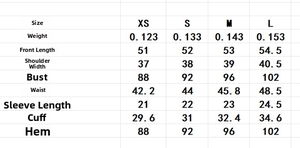 Detailed size guide table with measurements for organza tie-neck short sleeve casual tops