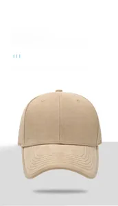 Close-up of khaki baseball cap featuring six-panel construction and breathable eyelets