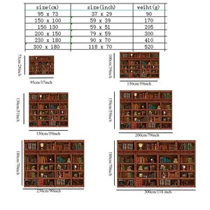 Detailed size chart with 6 dimensions and weights for vintage bookshelf wall tapestry