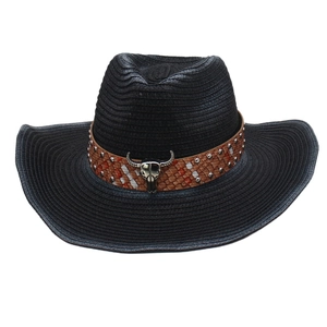 Western Cowboy Straw Hat With Metal Bull Skull Ornament Woven Band Wide Brim Summer Beach Sun Hat For Men Women