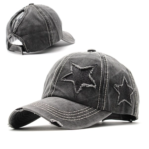 Casquette De Baseball Queue De Cheval En Coton Lavé Vieilli Patch Étoile À Paillettes Chapeau Réglable Pour Femmes