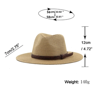 Khaki straw cowboy hat with leather band showing size 56-58cm and 7cm brim width