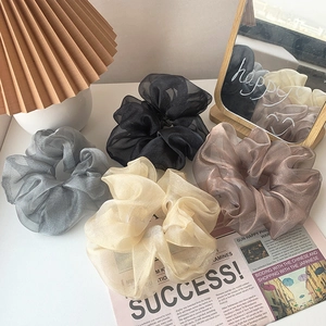 Five-piece set of French style organza hair scrunchies in assorted neutral earthy tones