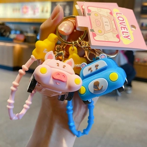 Cute Cartoon Animal Pull-back Car Keychain PVC Pig Dog Bear Bag Pendant Charm Key Ring For Kids Women Gift Daily Accessories