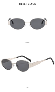 Front and side views of oval metal sunglasses with silver frames and black lenses
