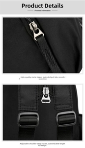 Black nylon backpack hardware detail showing smooth metal zipper puller and adjustable strap.