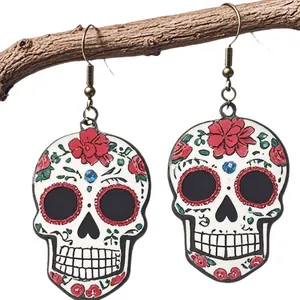 Colorful embossed acrylic skull earrings with red flower patterns for Halloween gift