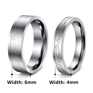 Stainless steel couple rings with heartbeat pattern in 6mm and 4mm width on white background