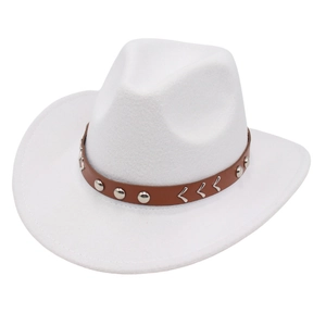 White wide brim western cowboy hat with brown studded leather band and metal accents