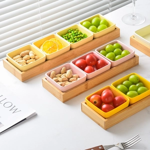 Ceramic snack bowl set on bamboo tray with 2, 3, and 4 square bowl options