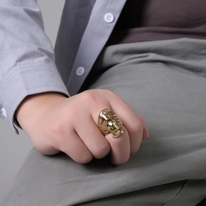 3D human portrait ring made of 18K gold plated stainless steel shown on model