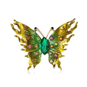 Luxury alloy flame butterfly brooch with green gradient enamel and colorful rhinestones
