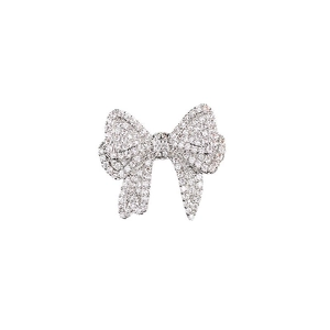 Elegant silver bow brooch with sparkling cubic zirconia crystals on white background