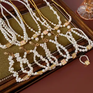 French Vintage Artificial Pearl Necklace Bracelet And Ring With Square Charm Pendant Gold Plated Elegant Women Accessory