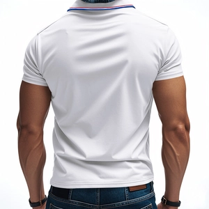 Rear view of white polo shirt featuring red and blue striped collar and breathable fabric