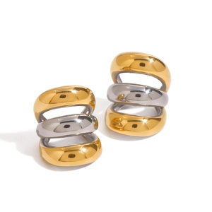 Three-layer 18k gold and silver two-tone stainless steel ear clips in a minimalist style