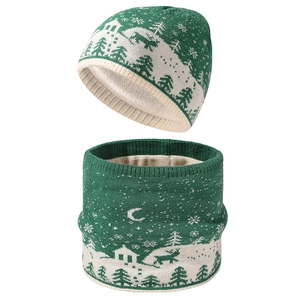 Green knit winter hat and neck warmer set with white snowflake and reindeer jacquard patterns