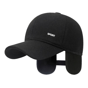 Men's winter thick wool baseball cap with ear flaps and SPORT embroidery in black
