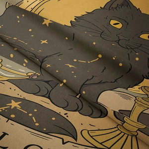 Macro shot of bohemian black cat and starry sky tapestry fabric with soft micro-fleece texture