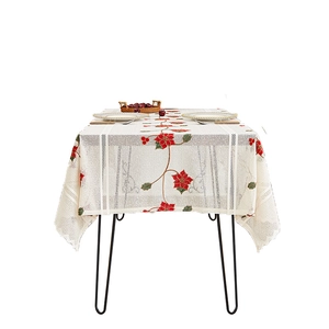 Christmas poinsettia floral lace tablecloth in beige linen for rectangular dining tables