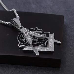 Silver Masonic pendant necklace with black enamel and zircons on a square box chain