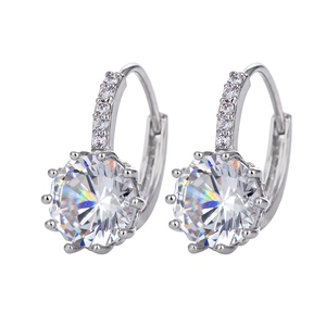 Detailed close-up of silver earrings featuring large round-cut cubic zirconia in prong setting