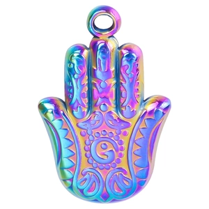 Pendentif main de Hamsa en acier inoxydable arc-en-ciel avec motifs floraux gravés fins