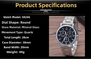 Detailed specs of quartz watch S824G with 38mm black dial and silver steel band