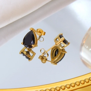 French vintage pear cut black zircon stud earrings with 18K gold plated stainless steel