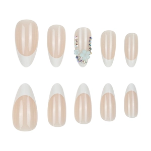Classic French nude pink press-on nails with white tips and 3D floral rhinestone accents