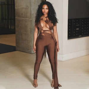 Combinaison Sexy Femmes Polyester Élasthanne Découpe Anneau Métallique Dos Nu Sans Manches Couleur Unie Streetwear Bodysuit
