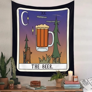 Detail of tarot style Beer tapestry showing beer mugs, bear and forest in cozy room decor