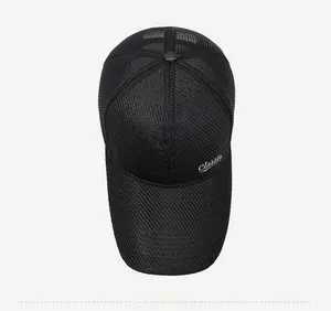 Top view of black mesh baseball cap with Classic embroidery and breathable structure
