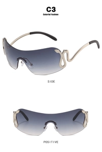 Detail of snake-shaped golden metal accent on Y2K gradient oversized wrap sunglasses